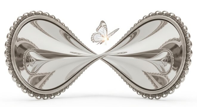 Silver infinity symbol with pearl embellishments on white background, elegant minimalist jewelry design