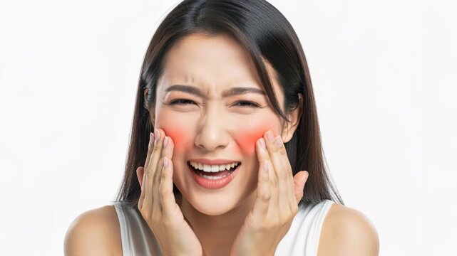 Facial Redness Distress: A young woman shows visible distress and discomfort due to facial redness, with her hands on her cheeks conveying her concern and seeking relief.