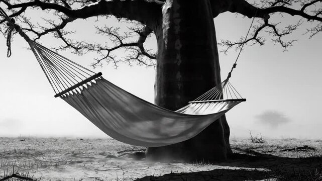 Black and white shot of a hammock hanging from a large tree trunk in a tranquil, empty landscape on a sunny day