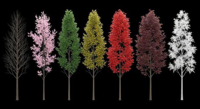 Seven trees showing seasonal changes on black background