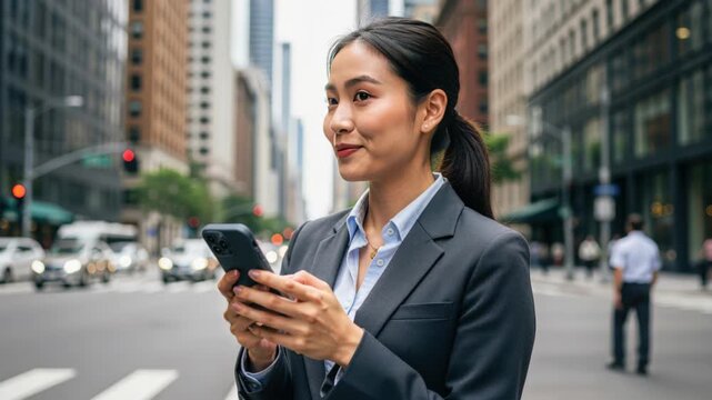 Urban Professional: A poised Asian businesswoman in a sharp suit checks her smartphone amidst the bustling cityscape, embodying modern urban life and connectivity.