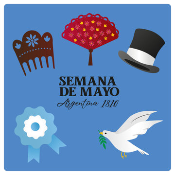 Semana de Mayo Argentina, cabildo abierto, escarapela, galera, peineta y abanico. Plantilla de iconos vectoriales color