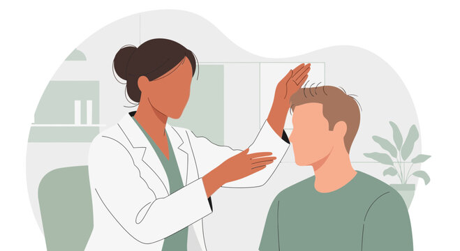 Doctor examining patient's forehead in clinic, medical consultation, healthcare concept
