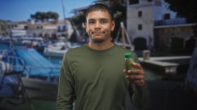 Man holding a green juice bottle with right hand to mouth as if tasting, young hispanic male with slight smile and goatee in olive shirt at dockside building by boats; casual contentment.
