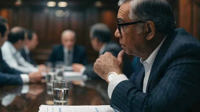 Large corporate director in clear focus contemplating policy papers the surrounding officers blurred illustrating layered liability and protection in boardroom decisions.