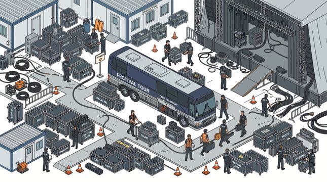 Workers attend a festival event with a bus and various equipment on display