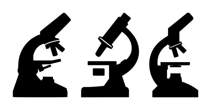 Microscope icon set with flat solid black outline on white background featuring microscopes, science, research with laboratory equipment and laboratory settings