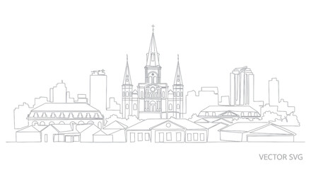 Obraz premium New Orleans Skyline Vector Outline - St. Louis Cathedral Landmark