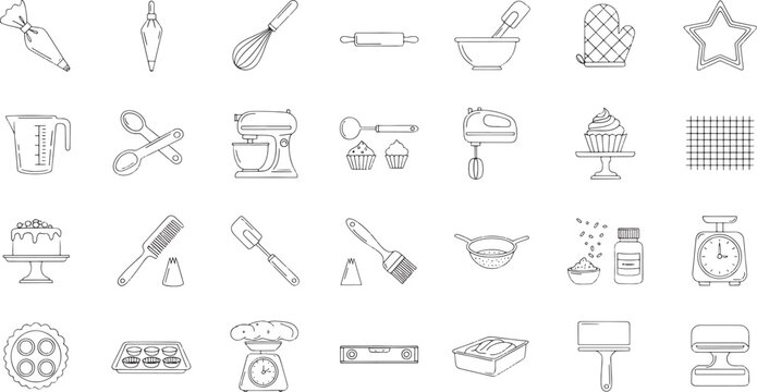 Black and white line collection of baking tools and ingredients cooking kitchen utensils