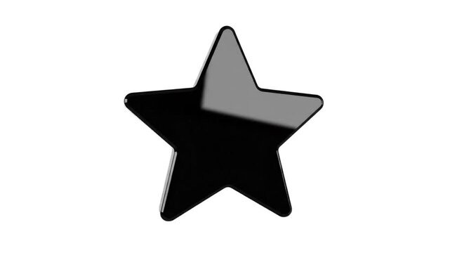 Rotating 3D black star graphic element isolated on white background reflecting light and shadow