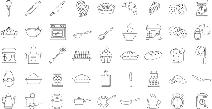 Collection of black and white line baking and cooking and kitchen utensils food