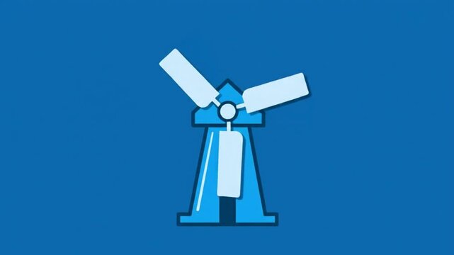 Rotating animated blue windmill cartoon with minimalist design set on a vibrant background, simple graphics