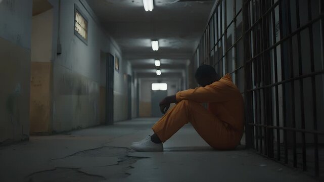 Sad man wearing an orange prisoner uniform sits on the concrete floor inside a dark corridor leaning against metal bars while feeling lonely and waiting for his release