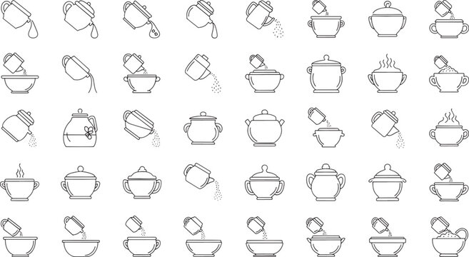 Collection of line depicting pouring liquids and solids into bowls and pots line pouring water