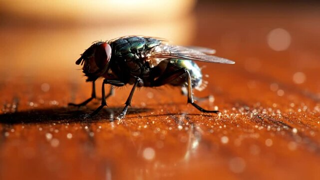 Close-up of a house fly with iridescent wings and red eyes sitting still on a wooden surface in warm sunlight