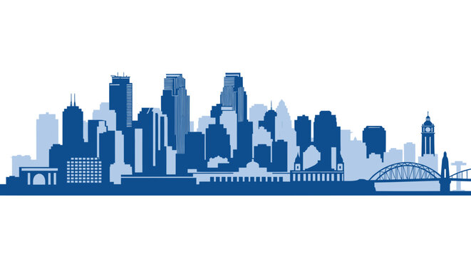 Blue City Skyline Silhouette with Modern Buildings and Bridge, Vector Illustration