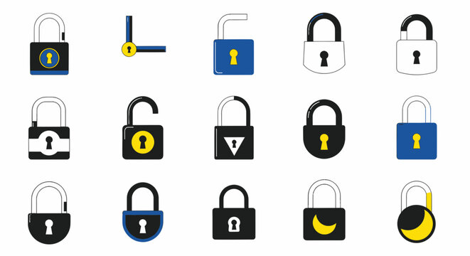 Security Padlock Icons Collection: Open and Closed Locks, Safety Symbols