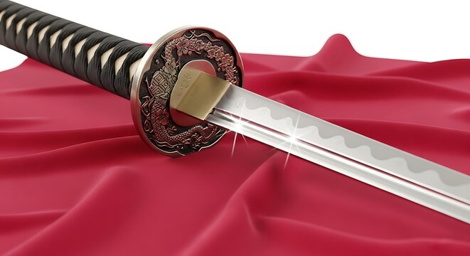 Japanese sword on red fabric background.