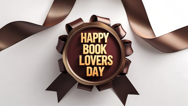 Happy book lovers day badge with brown ribbon on white background