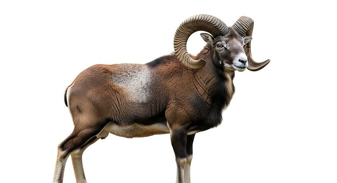 Large brown ram with curved horns standing.