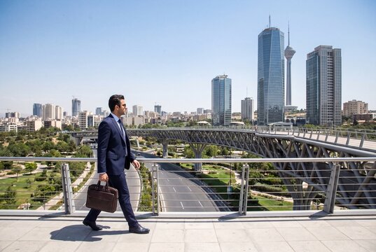 Businessman in a Professional Blue Suit Walking on Tabiat Bridge with Tehran Cityscape and Milad Tower in the Background