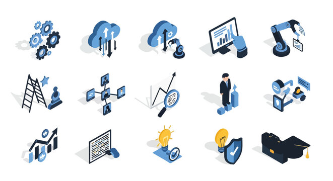 This vector illustration features a collection of isometric business and technology icons including gears, cloud storage, data charts, and robotics.