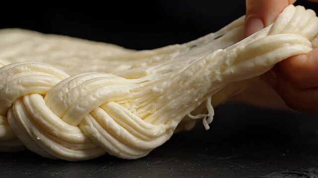 Closeup of hands braiding string cheese highlighting its texture.