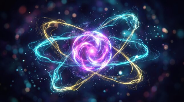 Vibrant Abstract Atom with Swirling Energy Trails