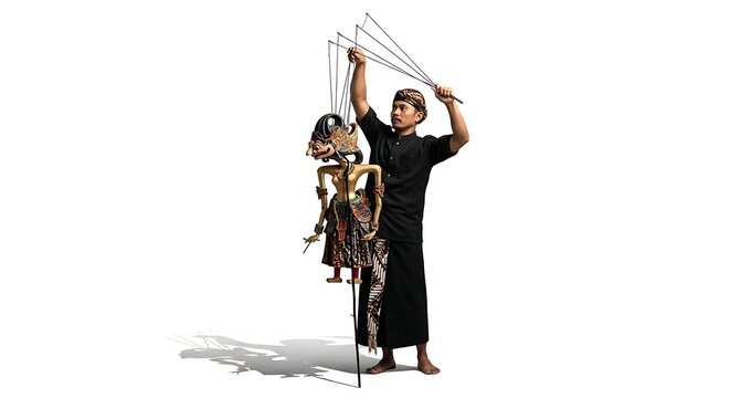 Man controlling puppet on strings performance.