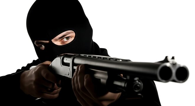 Man in black ski mask holding shotgun.