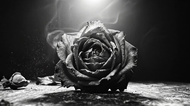 Black and white close up of a beautiful rose with subtle smoke drifting in the background
