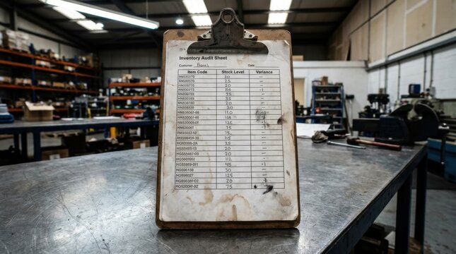 Industrial workshop interior with clipboard and tools.