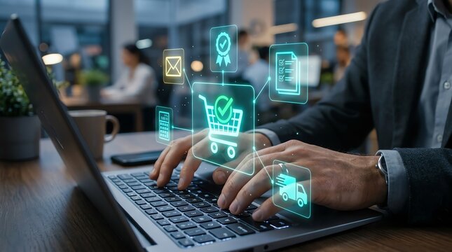 E-commerce concept of online shopping and digital services delivered to customers, hands typing on laptop keyboard with icons floating above