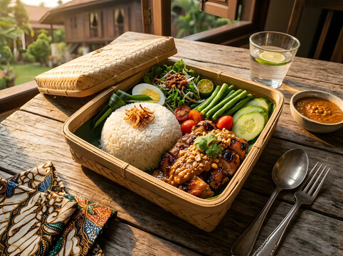 Traditional Indonesian Nasi Campur in Woven Basket on Wooden Table