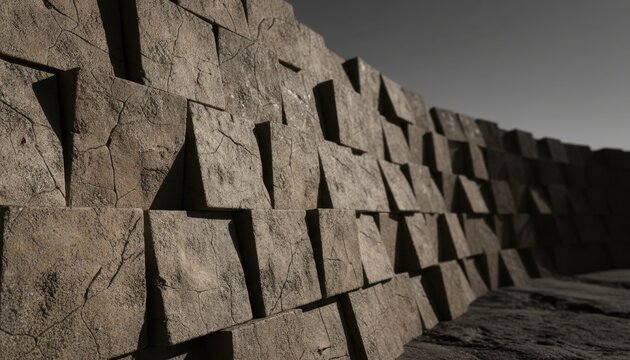 Massive stone block wall creates dramatic geometric perspective.
