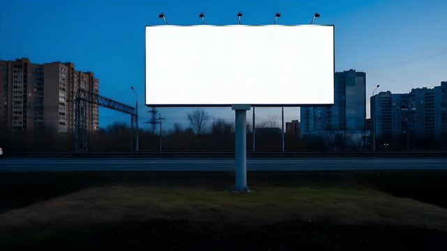 Large blank billboard standing beside a busy urban highway during the twilight hours featuring plenty of room for your custom commercial marketing and promotional advertising design