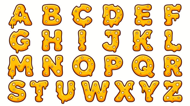 Alphabet font letter set with melting swiss cheese texture in cartoon style
