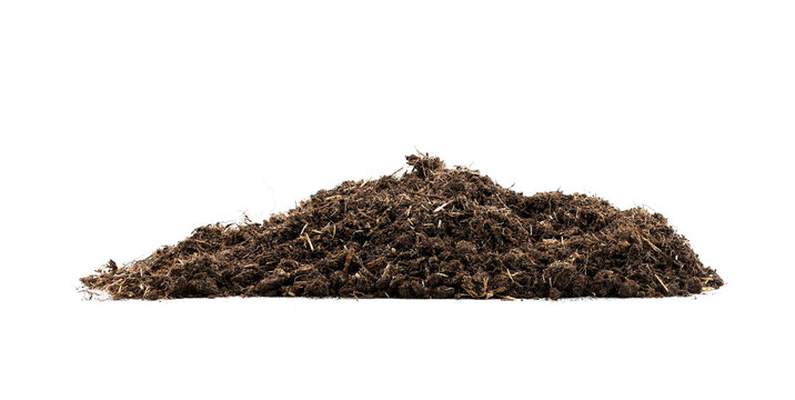 Realistic isolated pile of organic soil or compost on white background with natural texture and rich earthy details. Ideal for gardening, agriculture, fertilizer concepts, landscaping, farming.