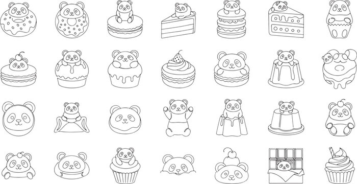 Collection of cute panda characters in various dessert and food bear outline