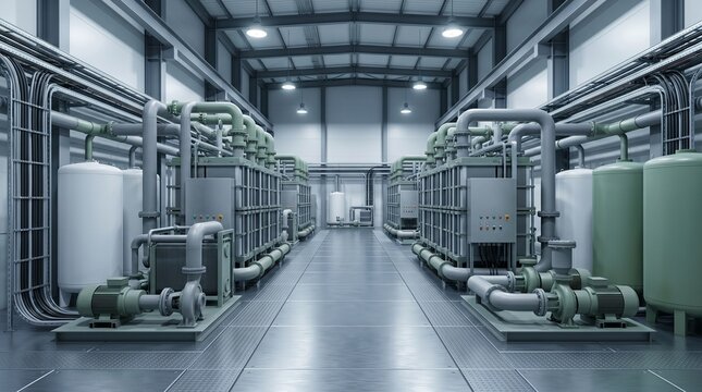 Industrial long-duration storage interior with modular battery equipment and piping. Great for grid innovation, decarbonization, and energy technology content.