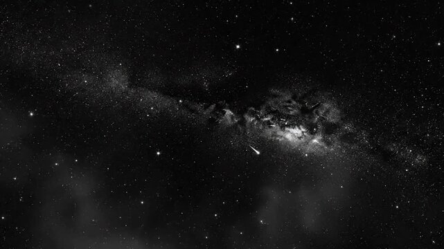 Black and white time lapse of a bright meteor streak and celestial starry night sky with nebula clouds