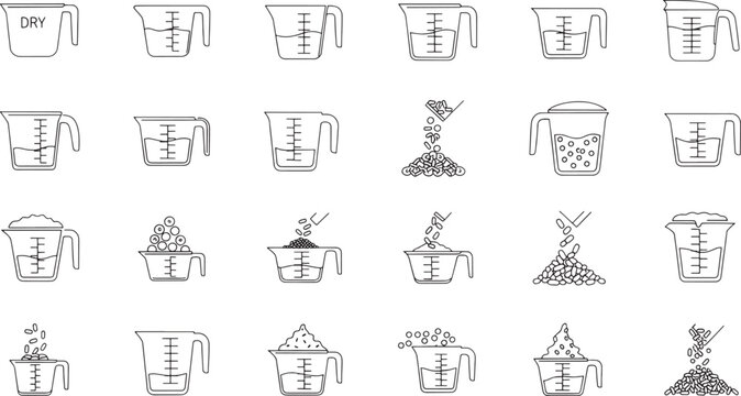 Collection of line of measuring cups with various ingredients kitchenware cooking baking