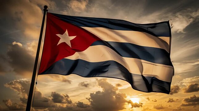 Cuba flag waving, Cuban national symbol, country's pride. Dynamic fabric motion of the Republic of Cuba banner fluttering in the wind. Patriotism and national identity concept.