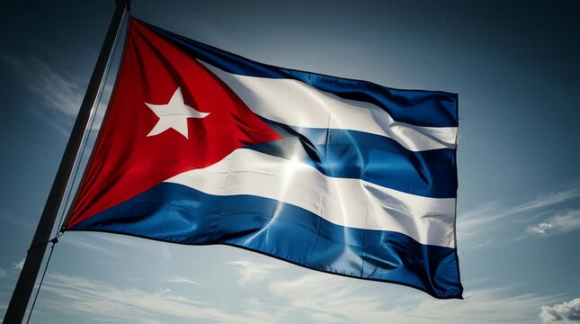 Cuba flag waving, Cuban national symbol, country's pride. Dynamic fabric motion of the Republic of Cuba banner fluttering in the wind. Patriotism and national identity concept.