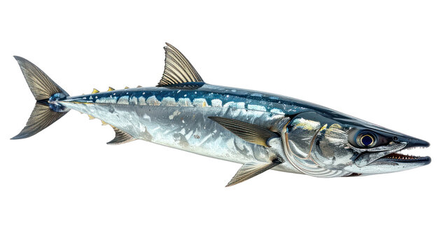 A close-up studio shot of a Spanish Mackerel fish against a black background.
