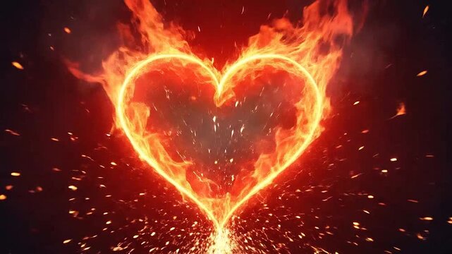 A glowing heart shape formed by intense orange flames against a dark background