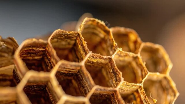 Close-up view of a honeycomb, with textured hexagonal cells in warm, natural tones and depth of field
