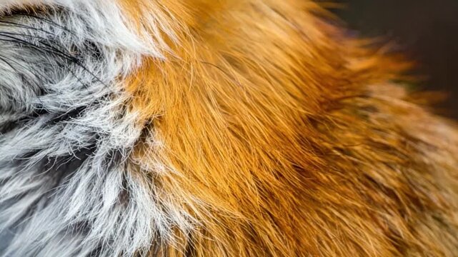 Close-up view of fluffy, textured fur with hues of white, orange, and brown. Some dark strands
