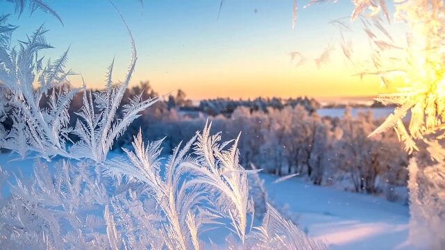 Intricate frost patterns on a window pane during a cold winter sunrise