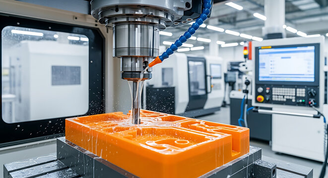 Advanced CNC milling machine precision cutting plastic polymer components using a professional solid ball endmill tool while an engineer operates high-technology industrial equipment in factory.